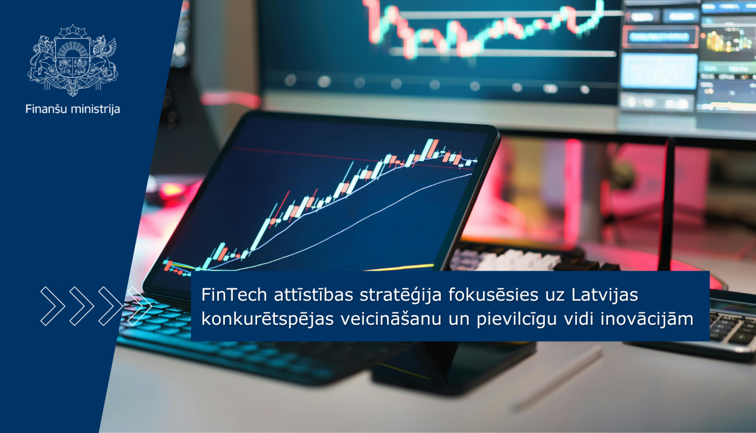 Attēlā redzami vairāki datoru ekrāni, kuros atainoti dažādi finanšu grafiki, uz attēla ir teksts 