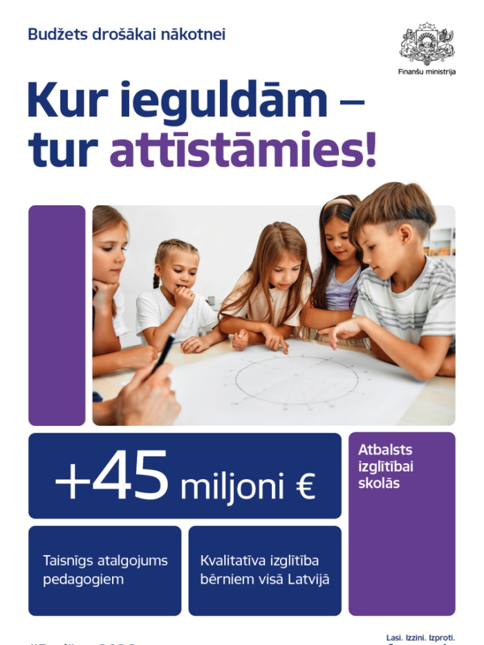 Attēlā redzami pieci bērni, kuri kopā pēta uz galda stāvošu plakātu, uz attēla ir teksts