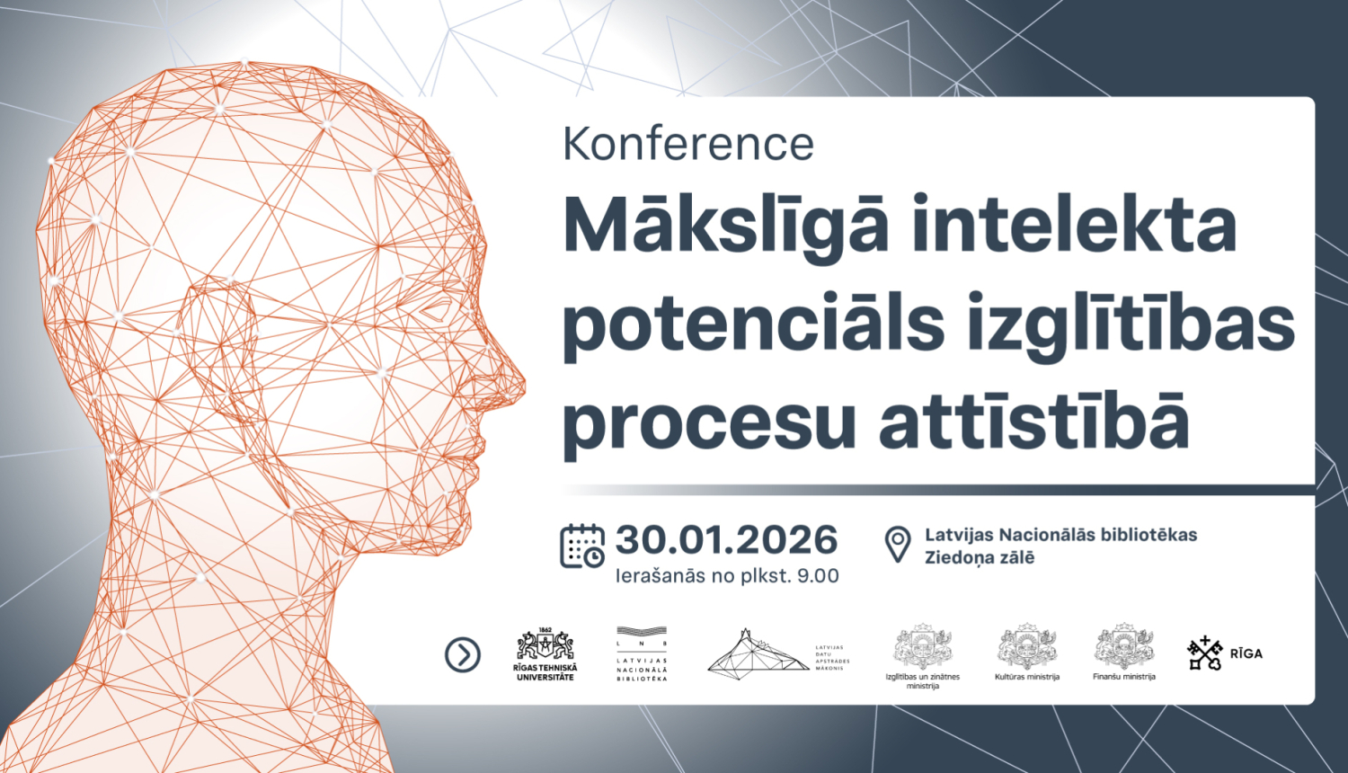 Attēlā redzams teksts "Konference "Mākslīgā intelekta potenciāls izglītības procesu attīstībā", kuru ilustrē cilvēka krūšutēls, kuru veido smalkas, sasaistītas līnijas