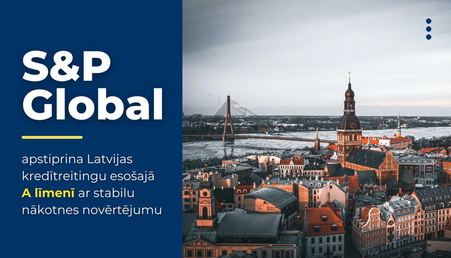 Attēlā uz zilas krāsas laukuma ir teksts, daļu no visa attēla aizņem Rīgas skats no putna lidojuma